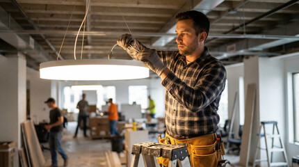 Fototapeta premium Electrician Installing Modern Light Fixture in New Office Construction