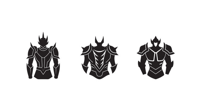 Three medieval knight armors with helmets and shoulder pads  fantasy armor sets  game icons  different armor designs