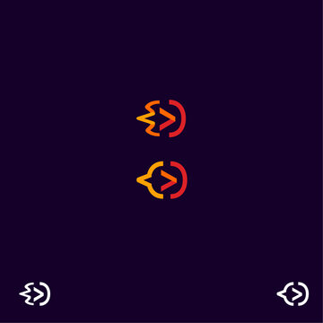 Dynamic flaming code symbol logo combining curly brace, greater-than arrow, and parenthesis into a bold fireball icon &mdash; ideal for software agencies, developer communities, coding bootcamps, and tech 