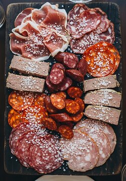 Assortment of cured meats and p?t?s on a wooden platter