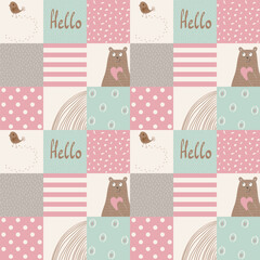 Cute Vector Baby Patchwork Seamless Pattern, Pastel Kids Nursery Background. © Tapilipa