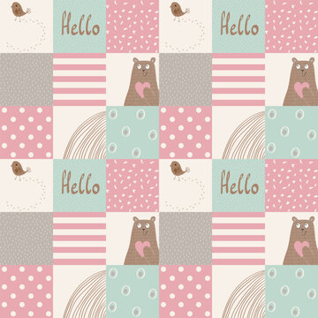 Cute Vector Baby Patchwork Seamless Pattern, Pastel Kids Nursery Background.