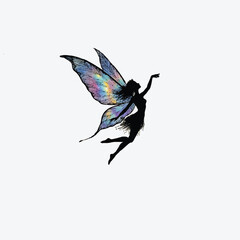 Fototapeta premium Silhouette of a fairy with iridescent wings dancing against a white background
