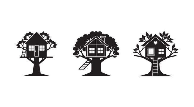 Treehouse tree house treehouse silhouettes with leaves and branches on white background