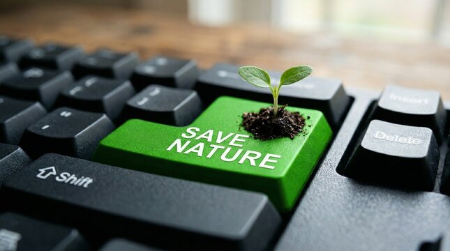Eco friendly keyboard button, Save Nature concept, green technology, sustainability