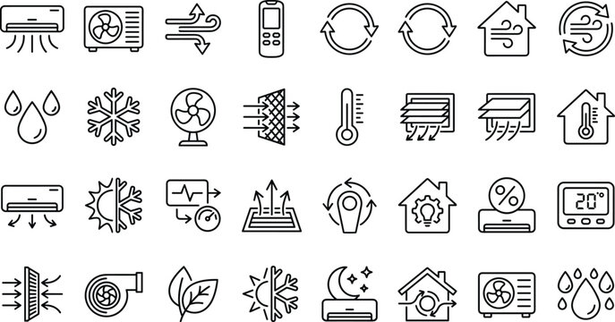 HVAC and Climate Control Line Icon Set Featuring Air Conditioning, Heating Systems, Ventilation, Temperature Regulation, Smart Thermostats, Cooling, and Indoor Air Management Symbols
