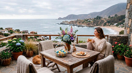 Obraz premium Woman freelance writer enjoying coastal terrace brunch