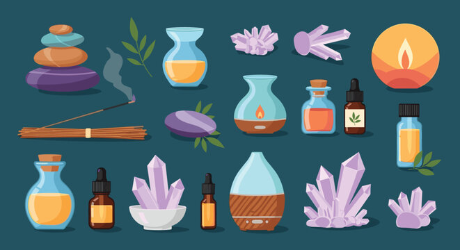 Comprehensive collection of wellness icons including essential oils, crystals, diffusers, and incense sticks for relaxation.