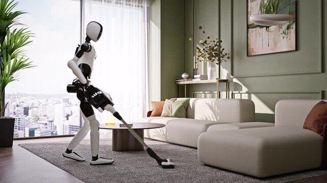 AI-powered humanoid robot cleaning apartment, vacuuming a modern living room. Advanced household automation and AI housekeeping assistant. Future smart home technology. 3d animation rendering