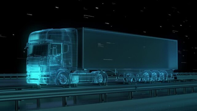Futuristic transport trucks Hologram 3d Animation. Transport trucks travel on the highway. Global Business Technology.