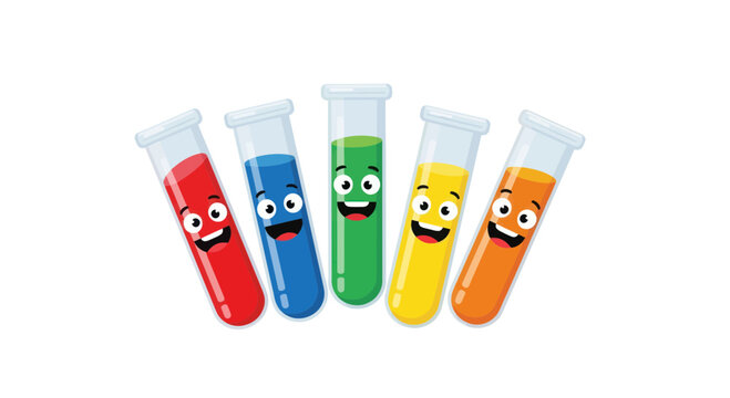 Colorful test tubes, cartoon laboratory equipment, science icons, labware illustrations