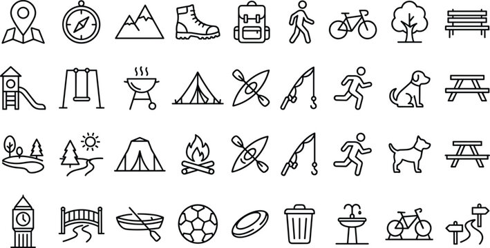 Outdoor Adventure and Camping Line Icon Set with Hiking, Travel, Nature, Exploration, Survival, Equipment, and Recreation Symbols for Web, App, and Print Design