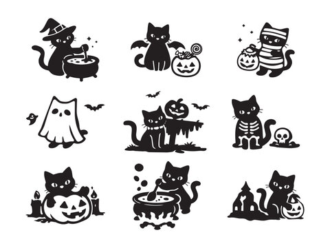 Halloween black cat silhouette set, minimal vector cats with pumpkin, witch hat, bat and spooky elements