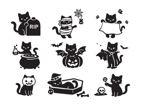 Halloween black cat silhouette set, minimal vector cats with pumpkin, witch hat, bat and spooky elements