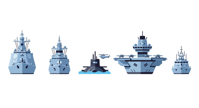 Modern military navy fleet vector set, aircraft carrier, submarine and warships front view illustration, naval forces icons isolated on white background.