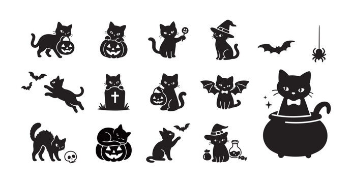 Halloween black cat silhouette set, minimal vector cats with pumpkin, witch hat, bat and spooky elements