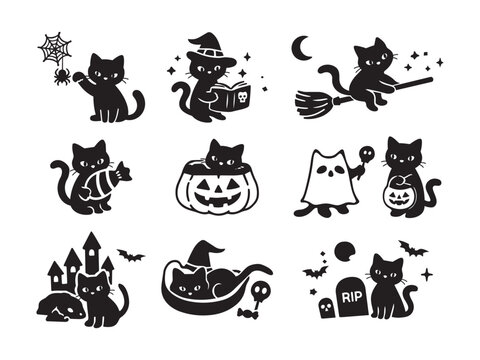 Halloween black cat silhouette set, minimal vector cats with pumpkin, witch hat, bat and spooky elements