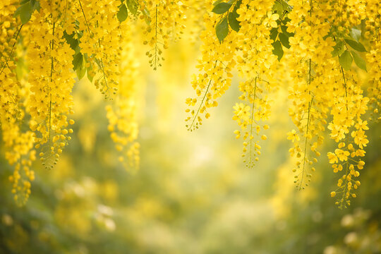 Stunning yellow kanikkonna flowers hanging in garden representing the spirit of vishu which is the auspicious kerala new year and one of hindu festivals celebrations