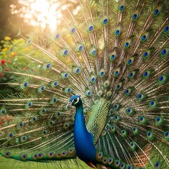 Obraz premium A vibrant peacock spreads its colorful tail feathers in a lush green garden during sunrise.