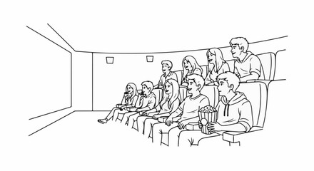 Obraz premium Audience watches movie in dark theater, enjoying popcorn and the screen