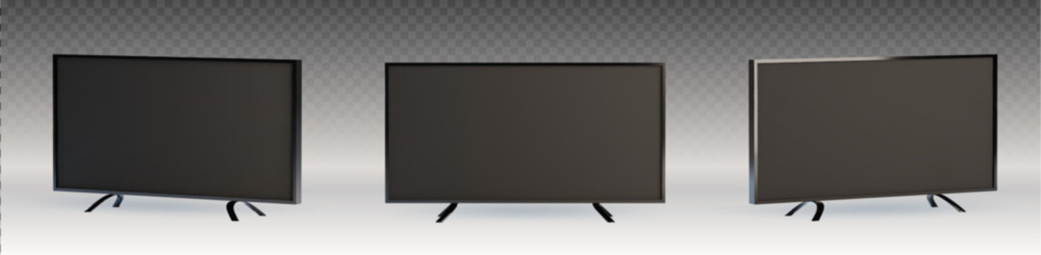 Modern flat screen TV with black frame and blank display, 3d realistic vector illustrations isolated on transparent background. Television mockup, empty plasma panel or computer monitor