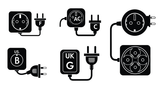 Various electrical outlet and plug types are illustrated in black and white