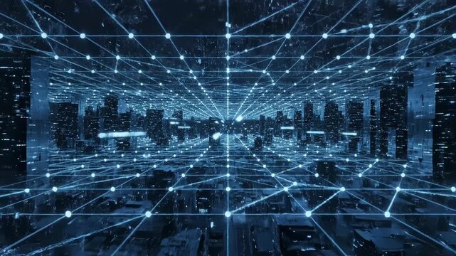 Futuristic digital network grid overlaying a dark city skyline, representing global connectivity, data flow, and hightech communication infrastructure