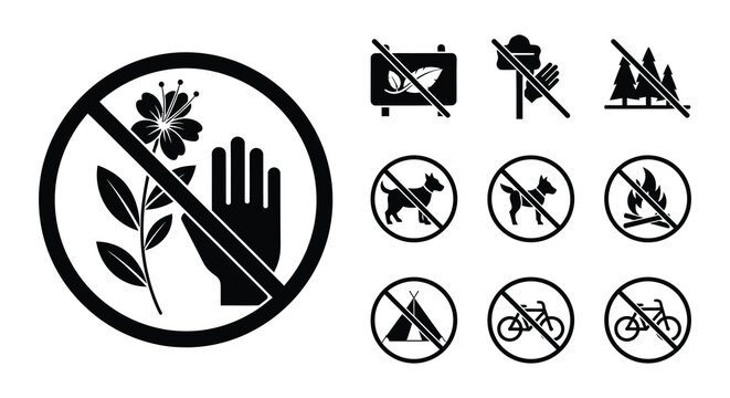 Prohibited activities signs no picking pets camping and cycling