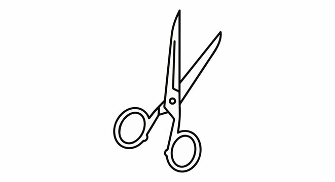 Black line drawing of a pair of scissors with open blades and finger loops