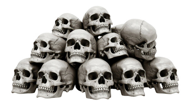 Pile of human skulls stack isolated on a transparent background