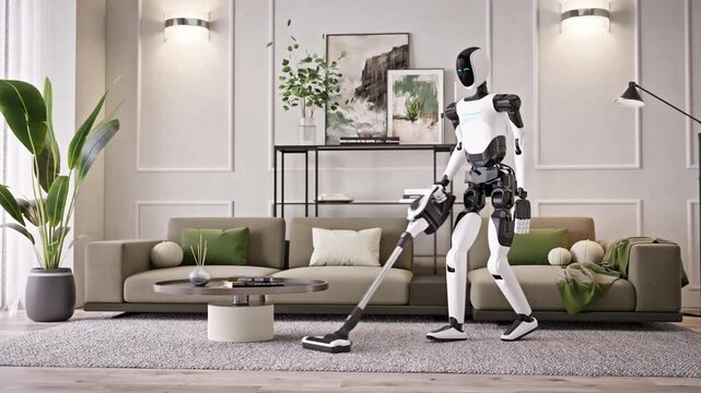 AI-powered humanoid robot cleaning apartment, vacuuming a modern living room. Advanced household automation and AI housekeeping assistant. Future smart home technology. 3d animation rendering