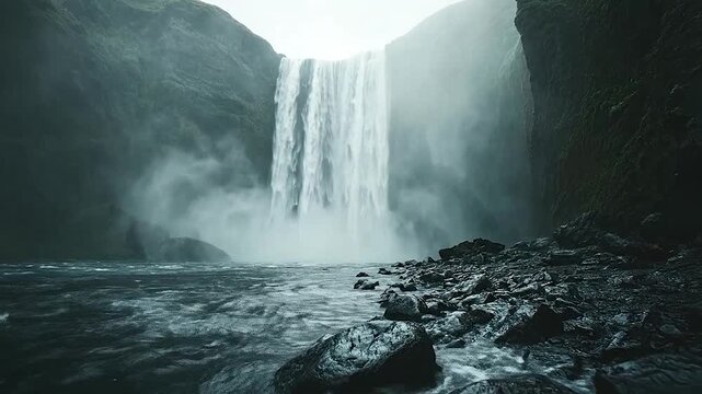 A powerful waterfall cascades down a rocky cliff face into a misty river below