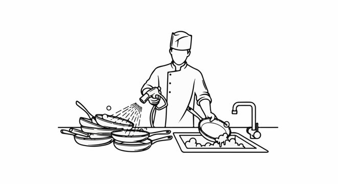 Chef cleaning cookware at sink with spray nozzle and suds