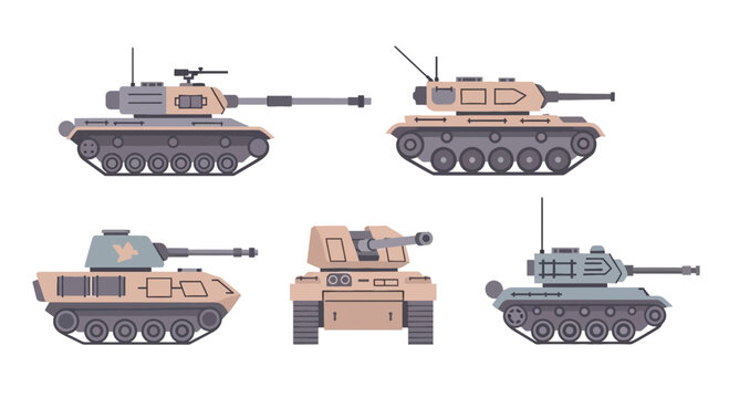 Set of Military Tank and Armored Vehicle Vector Illustrations in Flat Design Style Isolated on White Background.