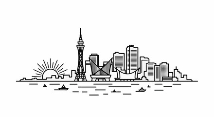 Fototapeta premium City skyline with a tall tower, buildings, boats, and sunrise