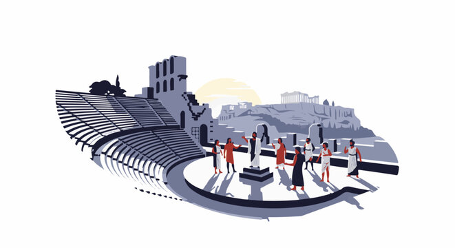 Ancient Greek theater performance unfolds against iconic Acropolis backdrop