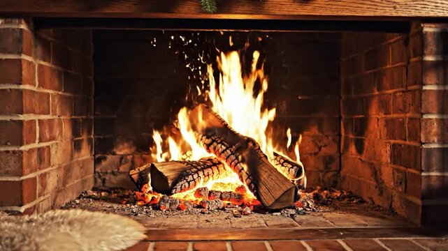 A cozy and warm fireplace with burning logs and glowing embers, creating a comforting atmosphere for a cold evening