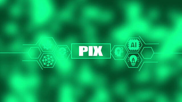 Central white text pix with surrounding hexagonal representing technology and artificial intelligence on a blurred vibrant green abstract background with subtle light effects