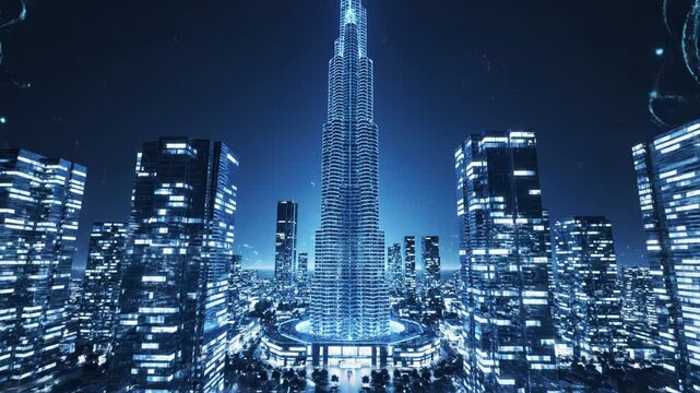 Futuristic skyscraper in a digital city at night with glowing data streams and network connections radiating from the central tower
