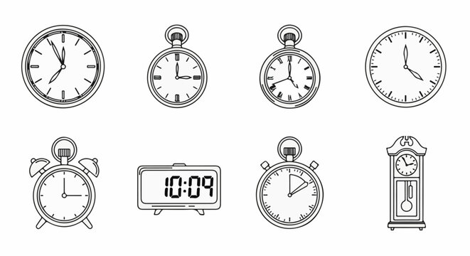 Collection of diverse timekeeping devices, from analog to digital displays