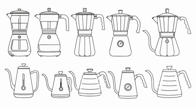 Collection of line art drawings of various coffee makers and kettles