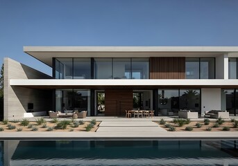 Fototapeta premium Contemporary luxury villa showcasing architectural finesse near pool water