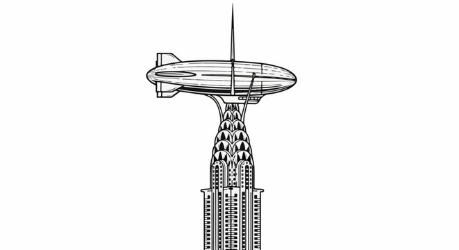 Art deco skyscraper crowned by a dirigible, a vision of futurism