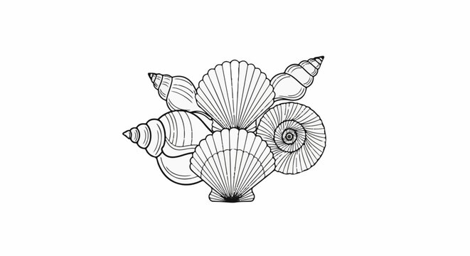 Collection of various sea shells, including spiral and fan shapes