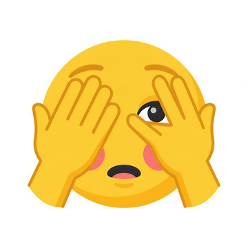 cringe - yellow face hiding eyes with hands, one eye peeking through fingers, blushed cheeks, flat emoji, white bg