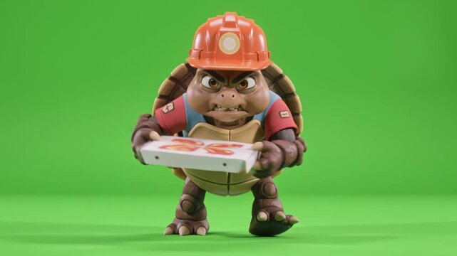 3D cartoon turtle wearing hard hat holding pizza box on green screen, food delivery concept