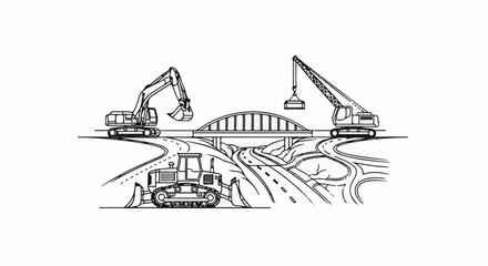 Naklejka premium Construction vehicles and infrastructure development with bridge and roads