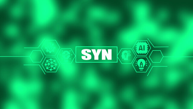 Dynamic green digital abstract background with bright hexagonal symbolizing ai and technology, featuring the word syn prominently displayed in white