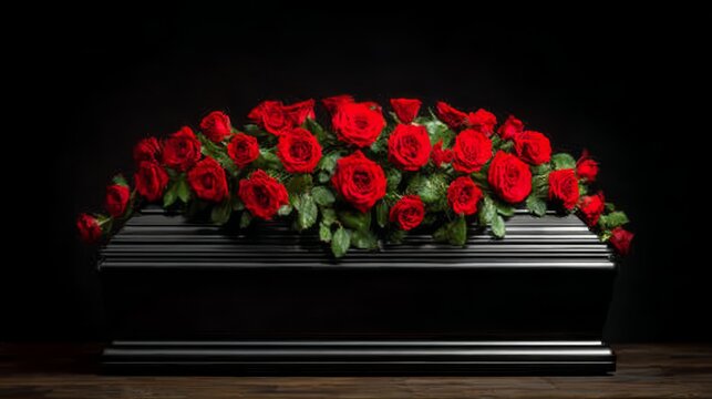 Black funeral casket adorned with a large arrangement of red roses. Somber memorial setting with dramatic lighting against a dark studio background.