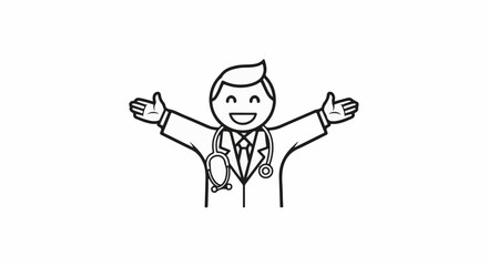 Fototapeta premium Cartoon doctor with stethoscope, arms outstretched in welcome
